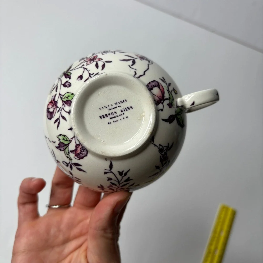 Vintage Vernon Kilns Cream Floral Tea Cup Mug Wide Flat Purple Yellow Classic